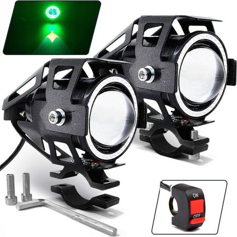 Motorrad-LED-Nebelscheinwerfer U7 Spotlight Tagfahrlicht mit Angel Eyes Halo-Ring und Schalter (2er-Set), Grün