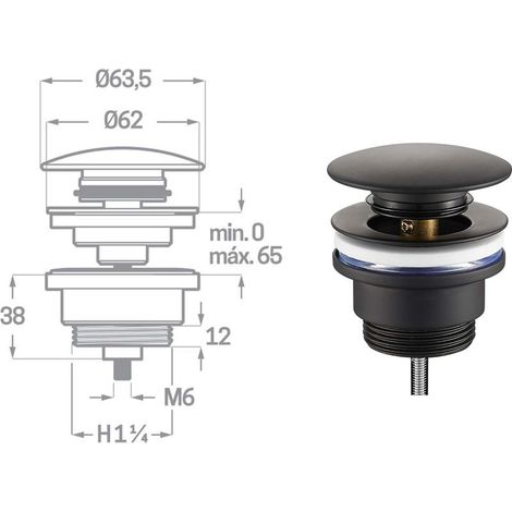 Bonde d'évier universelle - Valve Click Clack - Noir mat - Compatible avec le trop-plein et le non-retour - Idéal pour les salles de bains et les blanchisseries (1/2)
