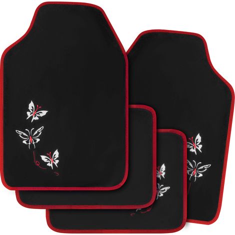 WOLTU 4-teilig Autofußmatten Set Universal, Fußmatten Auto Teppich mit Stickerei Butterfly, Wasserfest Antirutsch Abwaschbar Matte, Rot (1/5)