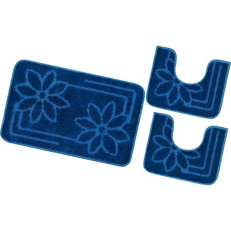 Tappeto Bagno Set 3 Pezzi Tinta Unita Antiscivolo Assorbente Scendietto 100% Made In Italy - Blu (1/4)