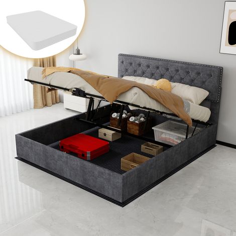 Lit rembourré minimaliste moderne, tête de lit confortable et douce, 160200CM, gris, meuble de chambre multifonctionnel, lit coffre haut avec vérin hydraulique, matelas 160200cm inclus.