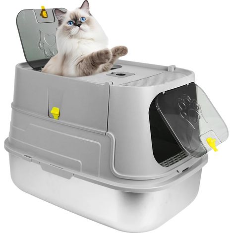 Bac à Litière pour Chat, Acier Inoxydable, Design à Double Entrée, GRIS (1/2)