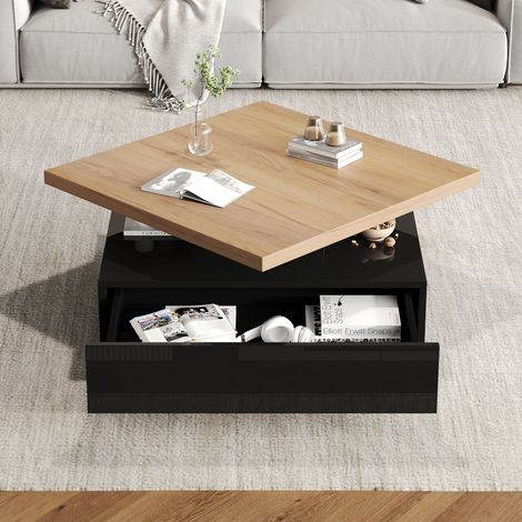 Tavolino da Salotto Quadrato con Piano Girevole a 360° e Cassetto, Laccato, per Soggiorno, in Pannello di Particelle, Noce e Nero, 70 × 70 × 36 cm (1/5)