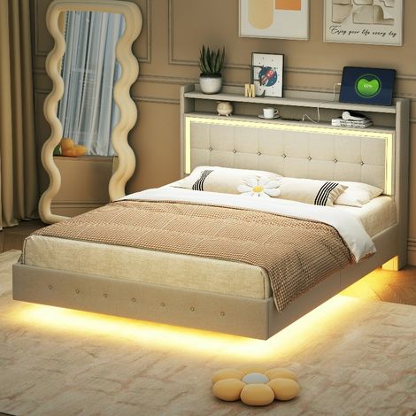 Polsterbett 140x200 mit LED Beleuchtung und integrierter USB-Steckdose, modernes Doppelbett aus Leinenstoff mit Kopfteil-Stauraum, Beige (1/5)