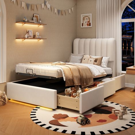 Lit coffre enfant avec rangement hydraulique 90x200cm,3 tiroirs,lit rembourré avec LED,velours,beige (1/5)