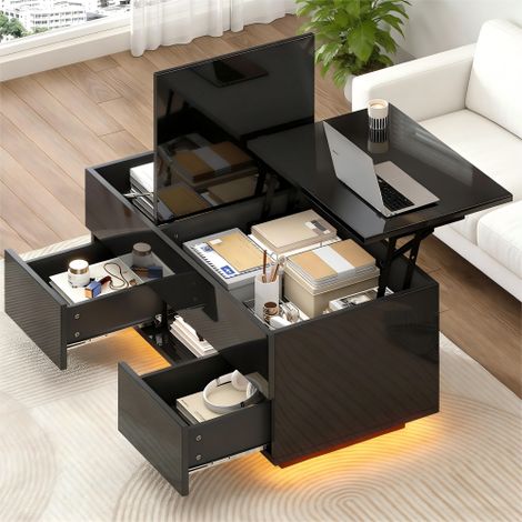 Table basse relevable noire 100x45x43 cm, brillant, 2 tiroirs, éclairage LED, rangement caché, panneau de particules (1/5)