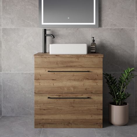 Napoli 390 Tobacco Oak 800mm 2 Drawer Vanity Unit for Countertop Basins - 800mm - Matt Black 480mm Handle