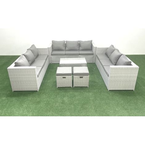 Fimous Gartenmöbel im Freien Polyrattan 11-Sitzer Garten Sofa Couchtisch Set mit 2 kleinen Hockern Hellgrau gemischt