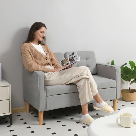 Sofá de 2 Plazas con Espacio de Almacenamiento Patas de Madera Respaldo Capitoné 117x62x78 cm Gris Claro
