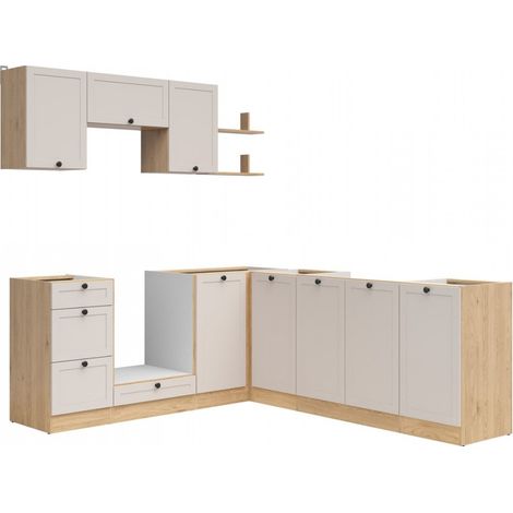 Cuisine d'angle complète 200x220 cm, Meubles de cuisine modulables coloris chêne Bernstein/Uni cachemire, plan de travail Non inclus (1/5)