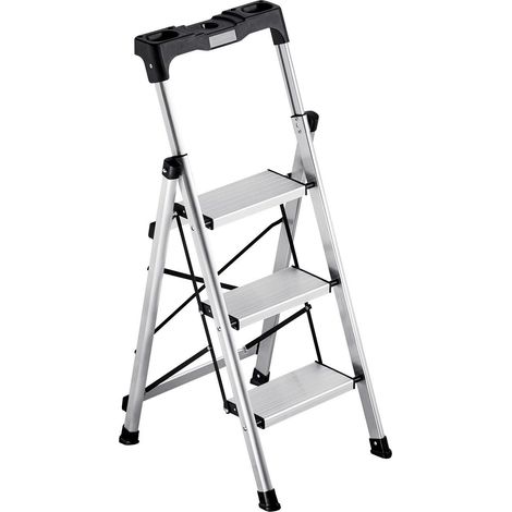 Escabeau 3 marches pliant, pédale antidérapante large et poignée confortable, capacité 150 kg, aluminium portable, usage maison, bureau, cuisine, entrepôt. (1/5)