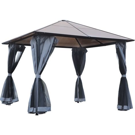 Pergola da giardino 3 x 3 m con tetto in policarbonato, tende e zanzariera, grigio scuro (1/4)