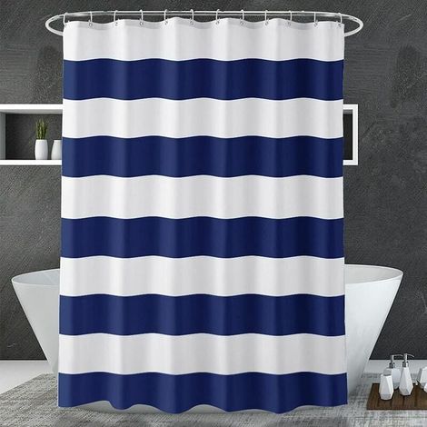 Rideau De Douche - Polyester Sans PVC - 180 X 180 Cm - Rayures Bleu Marine Et Blanc - Avec 2 Pierres Lestées - 12 Oeillets Métalliques (1/5)