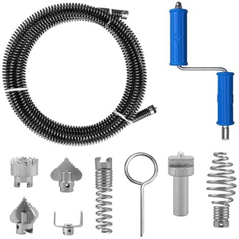 Déboucheur de canalisations en spirale de 5 m avec 6 têtes de coupe, outil de débouchage de 12 mm pour éviers de cuisine, canalisations de salle de bain, toilettes et égouts. (1/5)