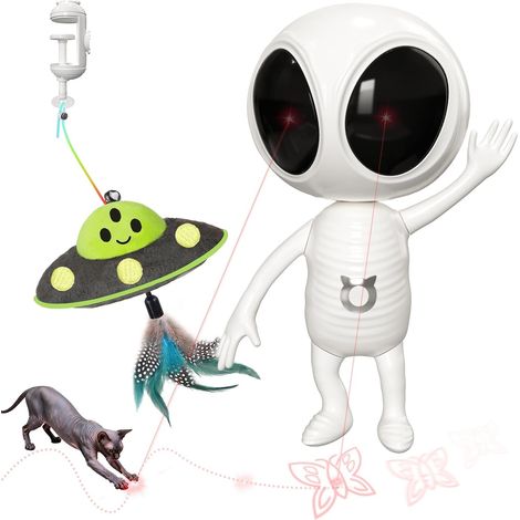 2 in 1 Automatic Interactive Toy with Dual Projection and UFO Pendant for Apartment Cat Movement-Activated Rechargeable 4 Play Modes Clip Attachment, White (1/5)