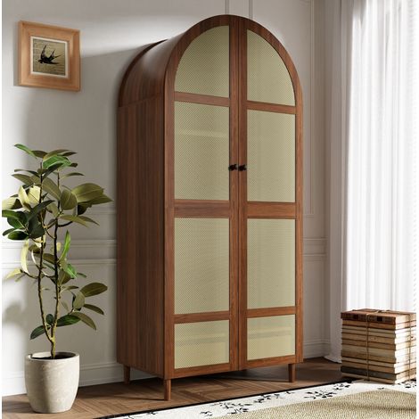 Armario con barra para colgar ropa, estantes y cajón, puertas curvas de ratán, 80x50x179 cm, MDF color nogal (1/5)