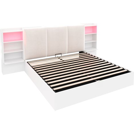 Lit coffre 180x200 cm avec tête de lit rembourrée, 6 niches et LED blanche MODENUIT (1/5)