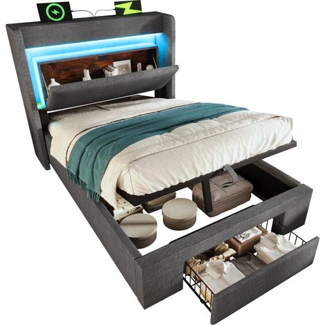 Letto imbottito 90x200 cm con contenitore idraulico, testiera con vano portaoggetti, LED, porte USB e USB-C, rete a doghe, grigio, tessuto CHICFURN (1/5)
