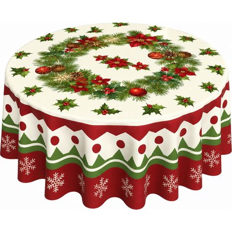 Nappe de Noël ronde 152 cm, en polyester, motif sapin, Père Noël et bonhomme de neige, décoration de table ronde 180 x 180 cm - Style 5 (1/2)