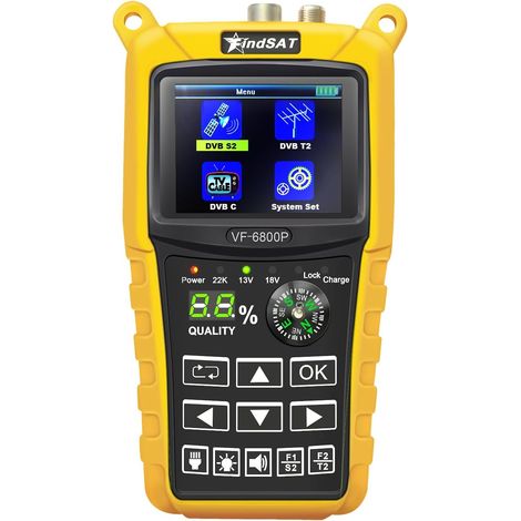 VF6800P Satellitenschüssel-Zeiger für DVB-S/S2 (Sat), DVB-T/T2 (terrestrisch) und DVB-C (Kabel), Satellitenfinder DVB-S/S/T2/T/C, terrestrisches und Satelliten-DTT-Antennenzeiger (kein TV-Bild)