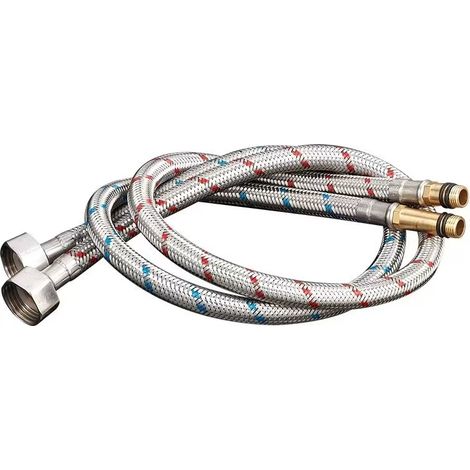 Hot and cold water faucet inlet hose, 1/2 inch stainless steel flexible connector for kitchen sinks and washbasins, single-thread pointed inlet hose -- stainless steel nut + brass pointed tip, 2 meter