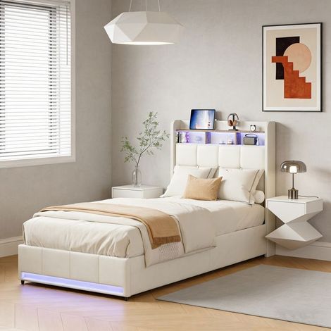 Letto semplice 90x200 cm con cassetti - Illuminazione LED - USB e Type-C - Rete a doghe - Lino beige (1/5)