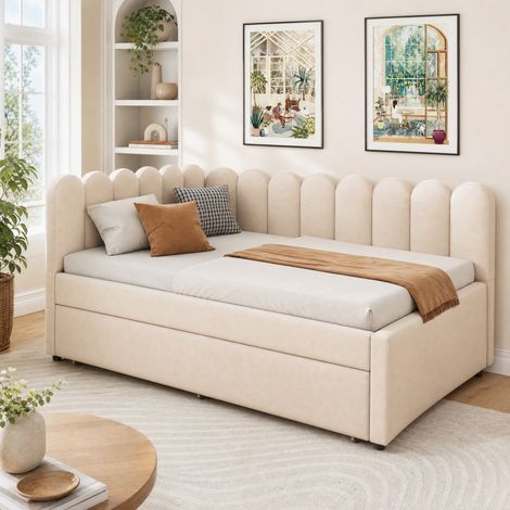 Canape convertible d'angle 140x200 cm velours beige HAVRYA (1/5)