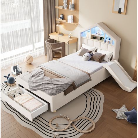 Letto bambino 90x200 cm beige con scivolo reversibile, LED, presa, testiera e cassettone OKWISH (1/5)