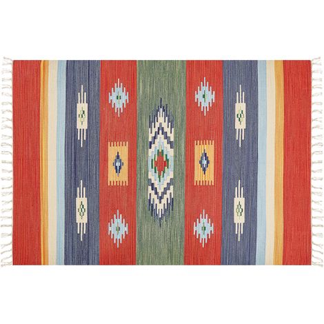 Alfombra kilim de algodón rojo azul verde amarillo 140 x 200 cm a mano geométrico borlas Kamaris