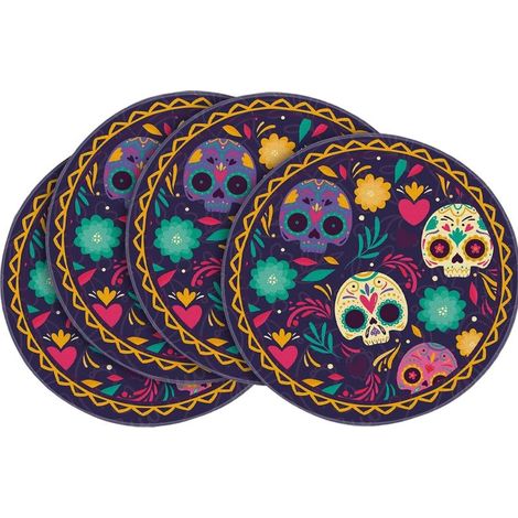 Lot de 4 sets de table ronds Halloween Jour des Morts - 35,5 cm - Motifs de crânes et de fleurs d'automne - Décoration de table (1/5)