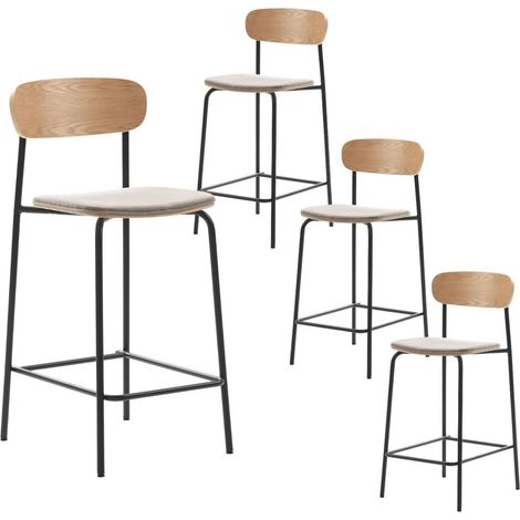Lot de 4 tabourets de bar dossier bois assise tissu taupe et pieds métal noir - RIDILA (1/5)
