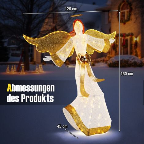 Ange de Noël lumineux blanc 160 cm avec halo, ailes, 180 LED blanc chaud et piquets de fixation pour jardin, terrasse et intérieur (1/5)