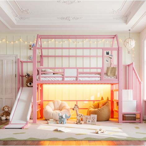 Lit mezzanine enfant maison avec toboggan, LED Bluetooth, métal rose, 90 x 200 cm REDOM (1/5)
