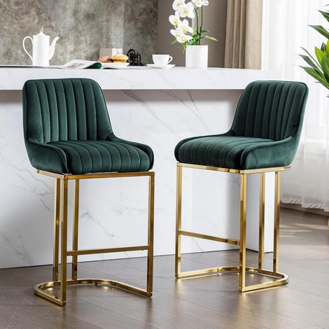 Wahson Bar Stools Set of 2 Velvet Armless Breakfast Kitchen Counter Stools with Metal Frame Bar Chairs for Home Bar Restaurant, Green
