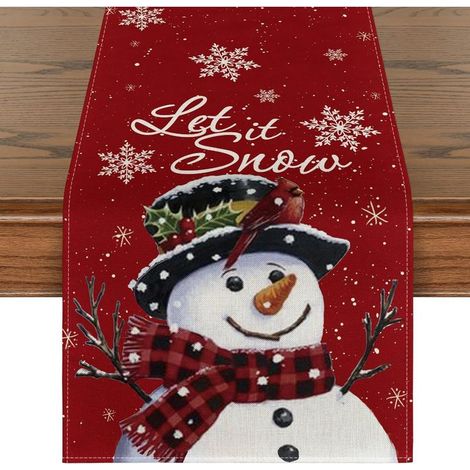 Chemin de table élégant en toile de jute, motif bonhomme de neige, décoration de table de Noël, 33 x 91 cm, rouge (1/5)