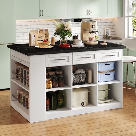 Îlot de cuisine avec table escamotable, rangement double face et plateau effet marbre noir (1/5)