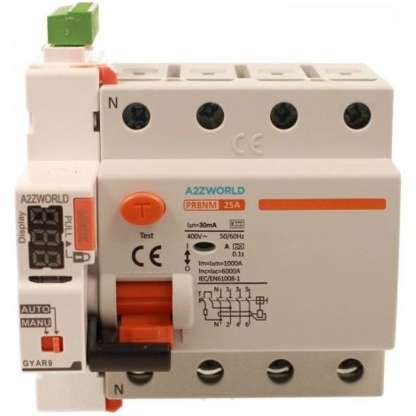 RCCB Interruttore Differenziale Puro Riarmo Automatico, Tipo A 3P+N 5M 6000A 30mA 25A AC 400V IP20 IEC61008-1 PR8NM