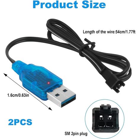 2pcs 3.7V Câble de Charge USB avec Prise SM-2P, NI-MH Battery USB Charger Cable, Chargeur Câble RC Universel pour LiPo Batterie Compatible Voiture RC Bateau Drone Avions RC et Autres Jouets (1/4)