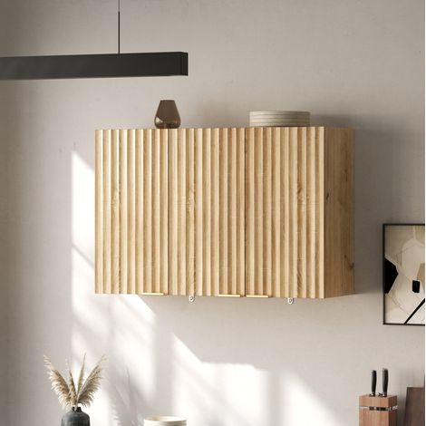Mobile pensile da cucina 90x29x60 cm, a 3 ante, salvaspazio, ante a lamelle, MDF, naturale (1/5)
