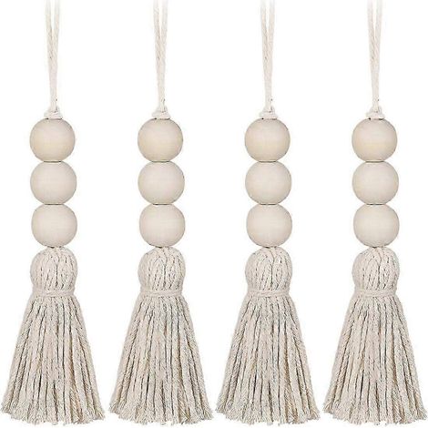 Lot de 4 perles en bois à pompon, style champêtre, avec pompon en coton naturel et fil décoratif mural. Pendentif à pompon. (1/5)