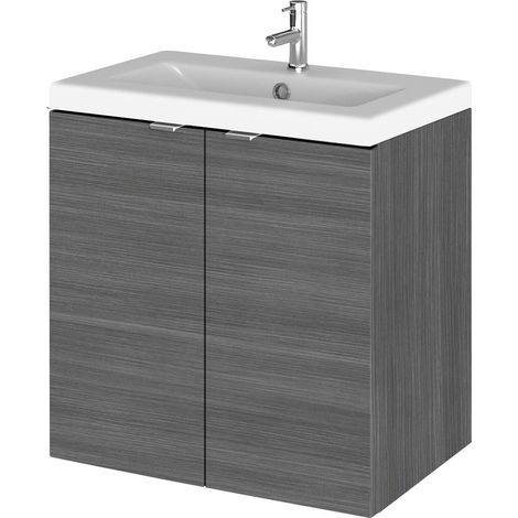 Alrewas Contemporary 2 Door Wall Hung Vanity Unit with Basin, Anthracite Woodgrain, 500mm