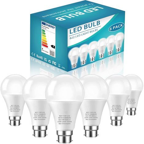A60 Ampoule LED  B22, Super Lumineuse 9W équivalent à Une Ampoule à Incandescence De 60W, Ampoule à Baïonnette Blanc Froid 6500K, Non Dimmable, Lot De 6 (1/5)