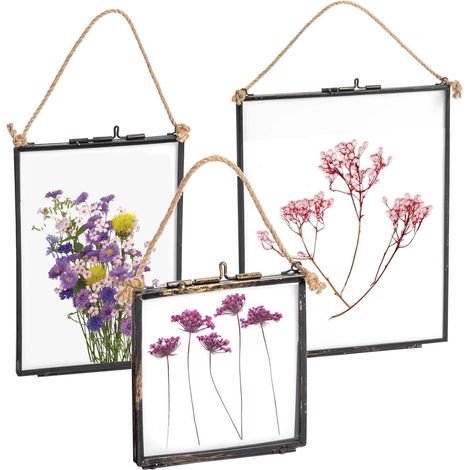 Lot de 3 cadres photo muraux métalliques noirs verre flottant style industriel, 10,2x10,2 cm, décoration murale avec passe‑partout interchangeable (1/4)