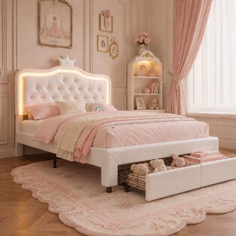 Cama doble 140 x 200 cm con iluminación LED RGB y cajón, cama princesa para niña, cabecero regulable en altura, estructura de cama con corona tapizada en cuero PU, blanco (1/5)