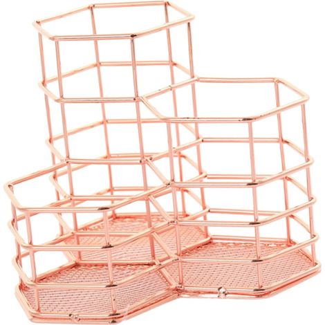 Elegante e robusto organizer multifunzionale in ferro dorato con portapenne dal design geometrico, ideale per ufficio e casa. (1/5)