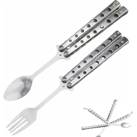 Kit Couverts Pliables - 2 Pièces - Acier Inoxydable - Design Papillon - Camping Voyage Barbecue - 23 cm