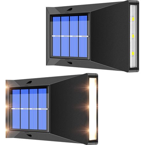 Lampada da parete solare con 6 LED e illuminazione multidirezionale (su, giù, sinistra, destra) – Luce d’atmosfera calda 3000 K per giardino, cortile, recinzione ed esterni – Ideale per decorazioni es