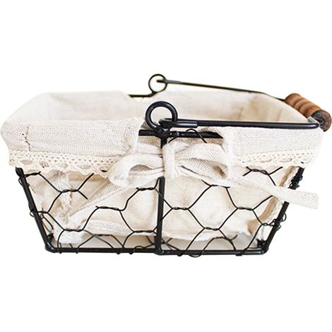 Panier à pain pliable en fil de fer avec poignée en bois et doublure en tissu, idéal pour ranger le pain, les aliments, les cosmétiques, les bijoux et les en-cas. Forme carrée.