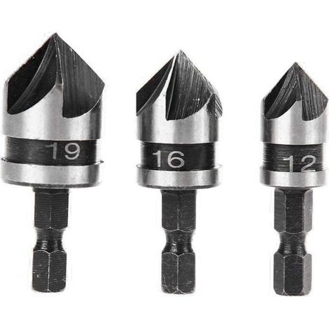 Set di 3 punte per smussatura a 90 gradi e 5 taglienti per legno e metallo, punta per smussatura in acciaio al carbonio esagonale da 1/4" a cambio rapido, utensile da taglio per smussatura del legno,  (1/4)
