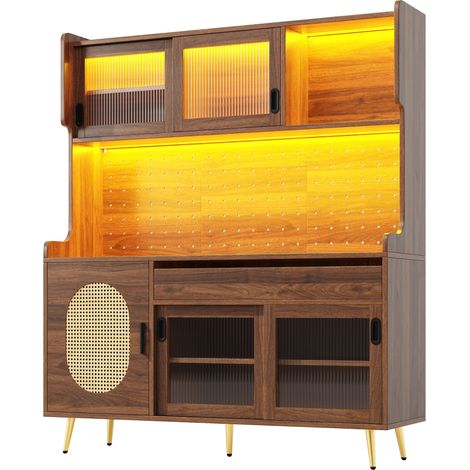 ELVMI Credenza da Cucina con 5 Ante, LED e Pannello Forato, per Cucina, in MDF, 145 x 39 x 171 cm, Marrone (1/5)